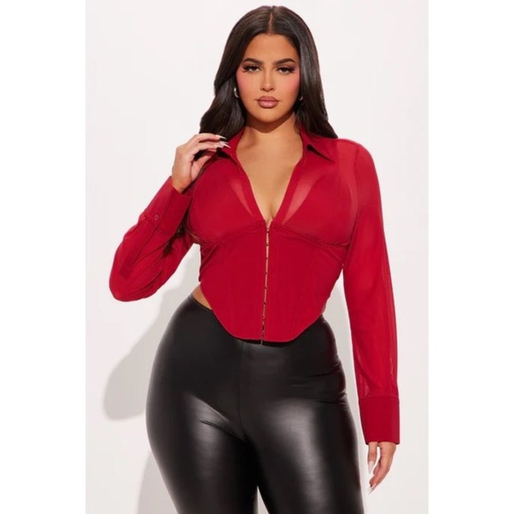 NWT Fashion Nova Sheer Mesh Corset Button‎ Up Shirt Cropped Red Long Sleeve Sz L